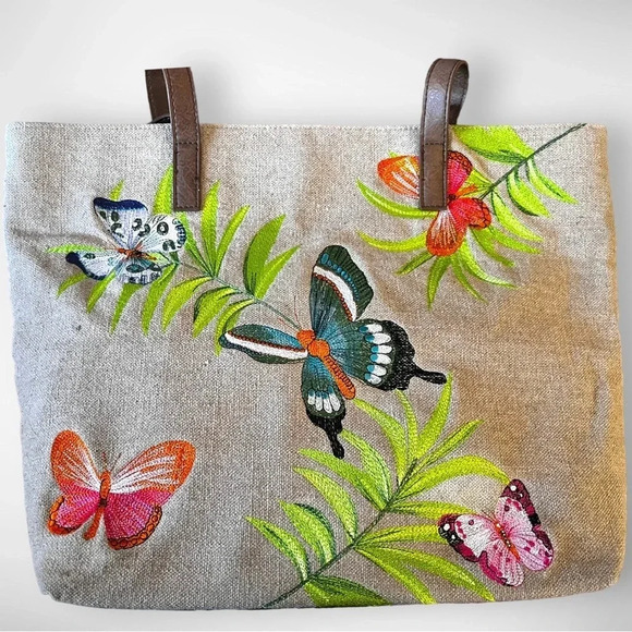 BUENO Embroidered Butterfly Large Tote‎ With Leather Straps and Bottom | EUC - Picture 5 of 10